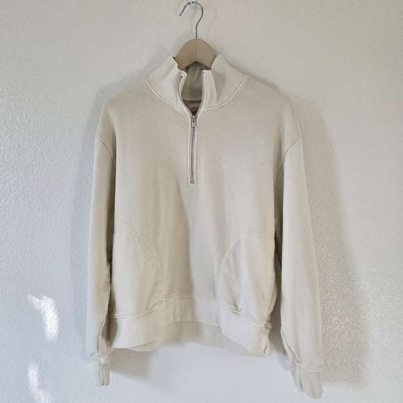 MATE The Label Organic Fleece Quarter Zip Sweatshirt Womens Medium Bone Relaxed - Picture 2 of 15